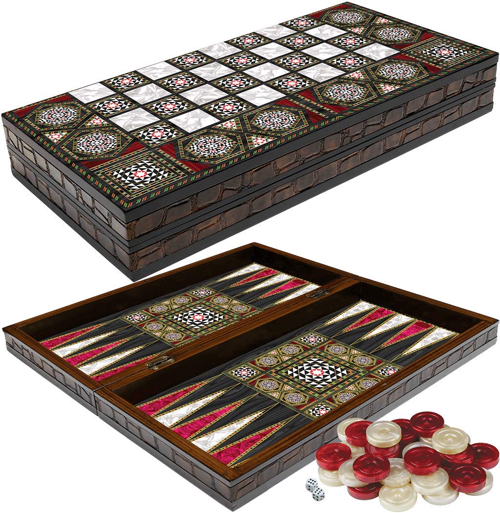 20" YENIGUN WOODEN 2-IN-1 BACKGAMMON & CHECKERS SET WITH MOTHER OF PEARL DESIGN