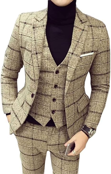 Amazon Co Jp Eleitchtee スーツ メンズ ビジネススーツ 3ピーススーツ テーラードジャケット スラックス ベスト 紳士服 チェック柄 結婚式 スリム Tz50 L ブラウン 服 ファッション小物