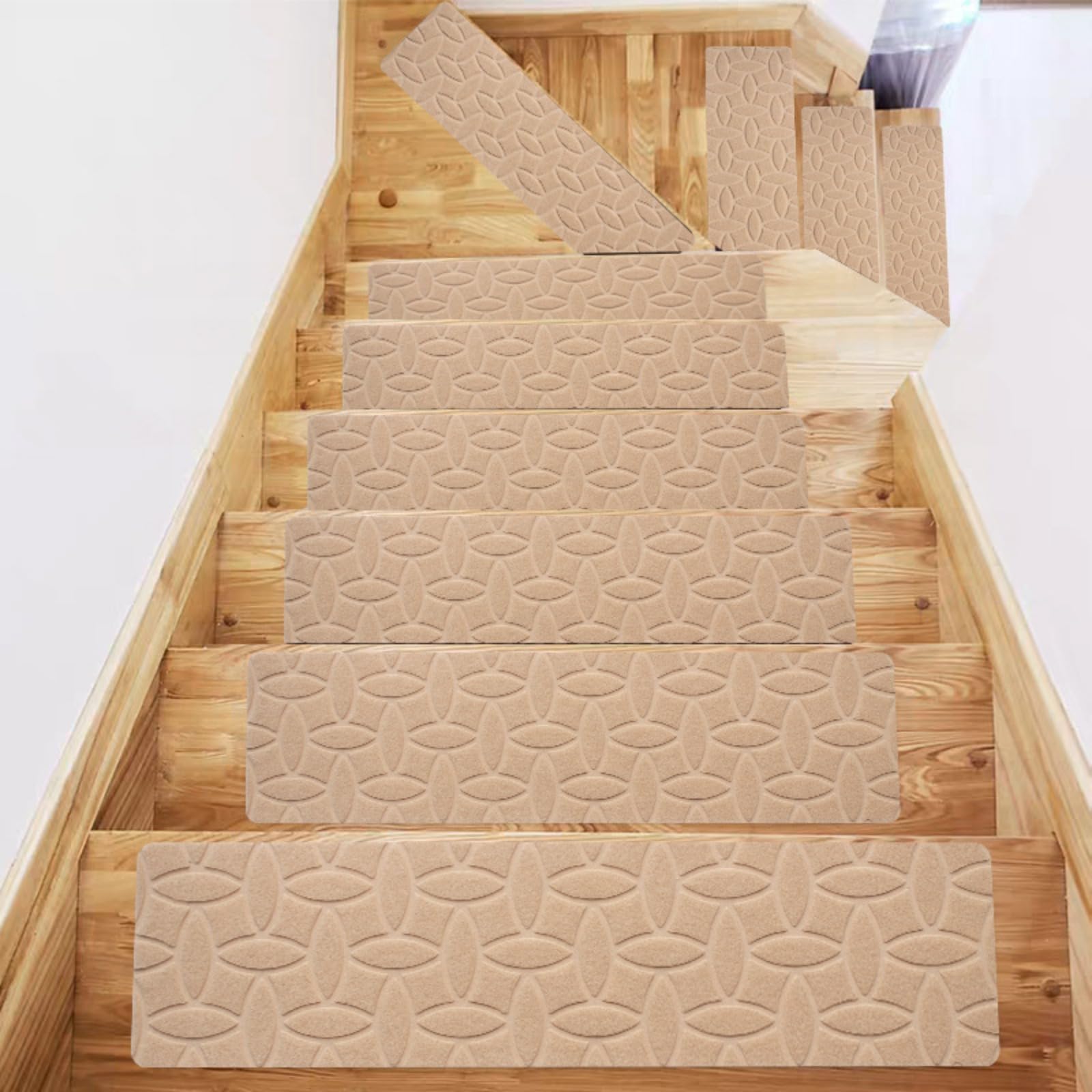 Treppenmatten, rutschfeste Stufenmatten für Holztreppen, 76 x 20 cm, Selbstklebender Treppenläuferteppich für den Innenbereich, Starke Haftung, Stufenmatten für Treppen (Beige, 15 Stück)