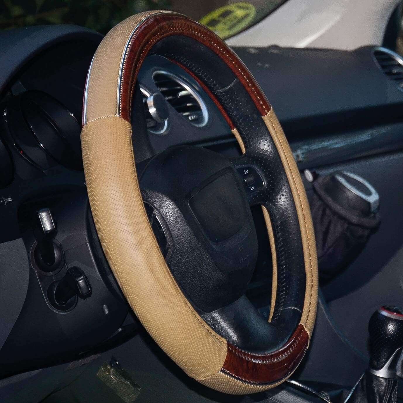 CAR+ P505179 Steering Wheel Cover, Tan/Wood Grain image 5