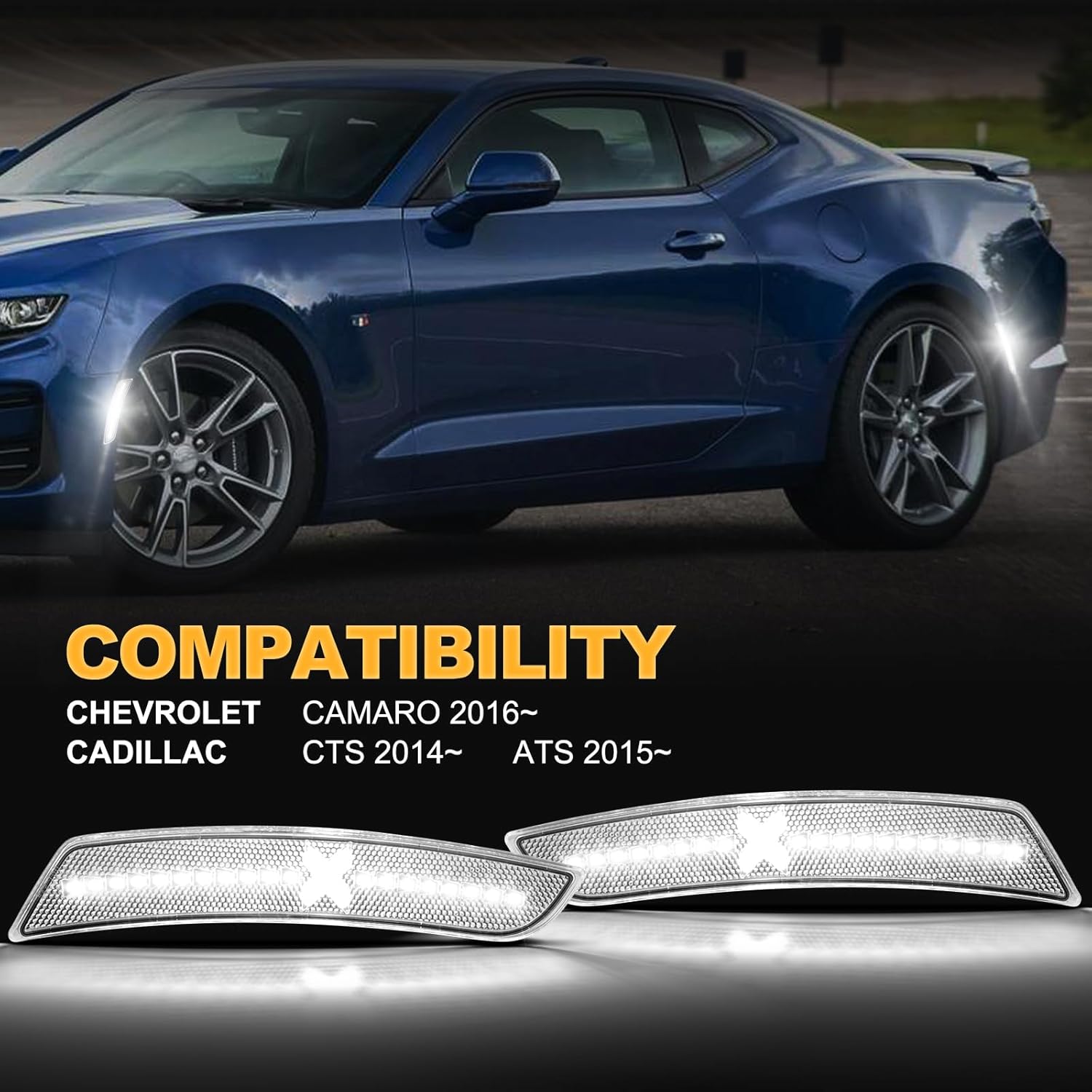 Gempro LED Side Marker Lights Xstyle Front Rear All White Bumper Fender Marker Lamps for 2016-2023 Chevy Camaro Clear Lens Reflectors, 4PCS Spirit Snake Series [Patent Pending]