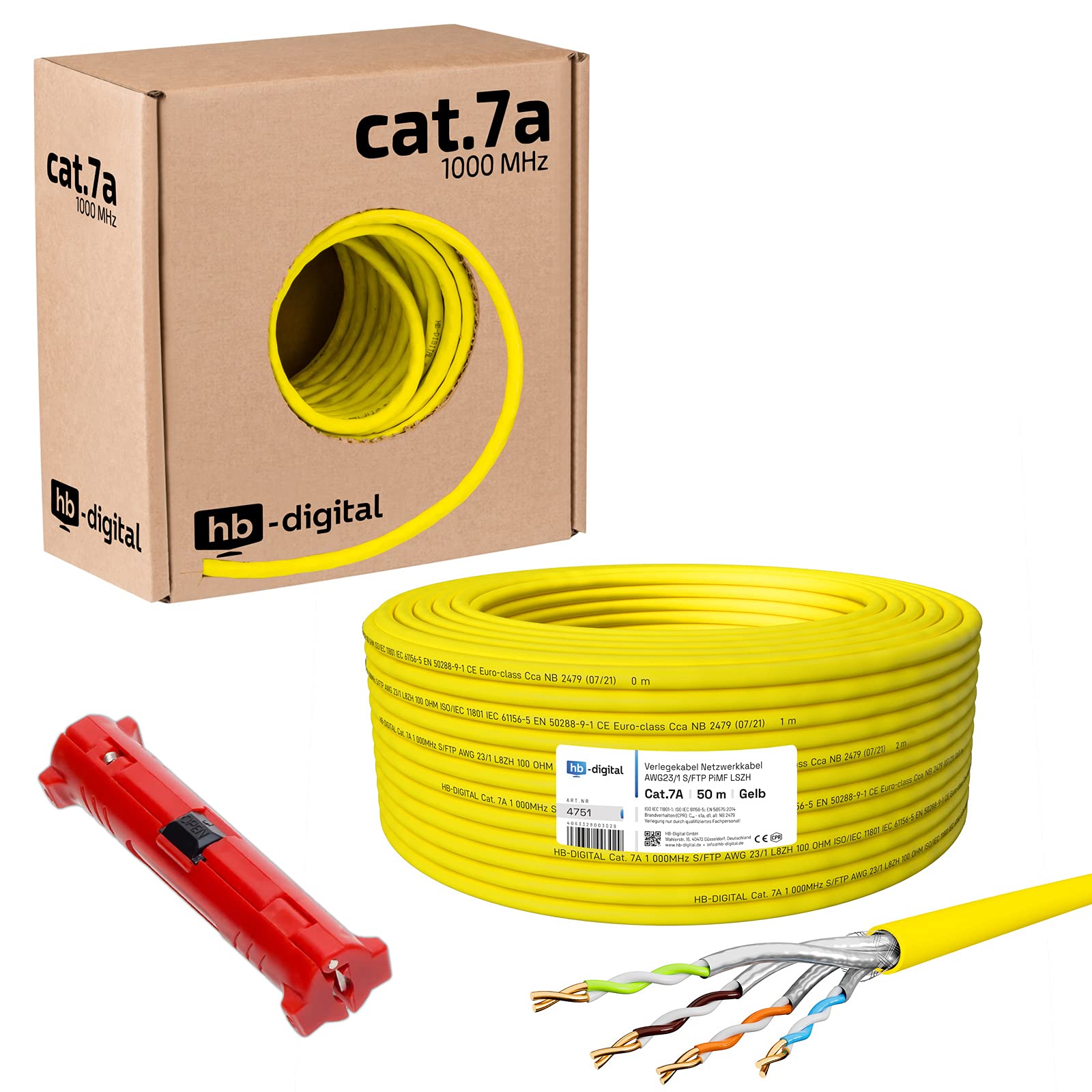 HB-DIGITAL Cavo di rete CAT.7a, giallo, 50 m, Ethernet LAN AWG23, in puro rame S/FTP PiMF LSZH, senza alogeni, RoHS-Compliant, installazione dati PoE 10 Gbit/s max. 1200 MHz + spelafili