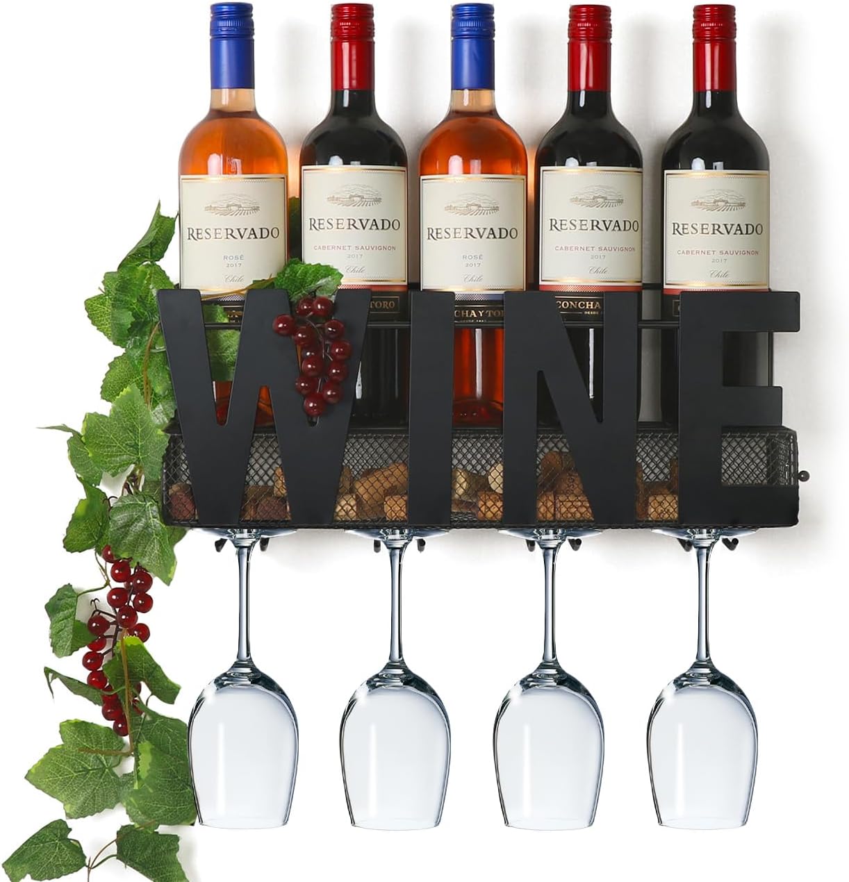 Wall Mounted Metal Wine Rack - Wine Rack Wall Mount Wine Bottle Holder 4 Long Stem Glass Holder & Wine Cork Storage Home