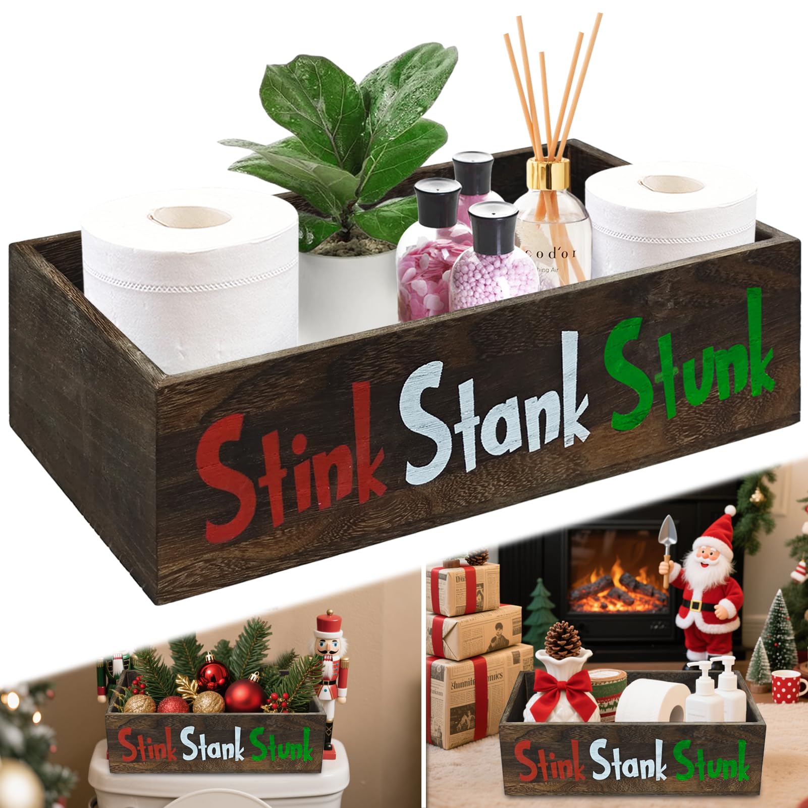 pdpdoc Wooden Stink Stank Stunk Bathroom Decor, Stink Stank Stunk Decor, Toilet Basket Tank Topper Brown, Back of Toilet Organizer/Storage Basket