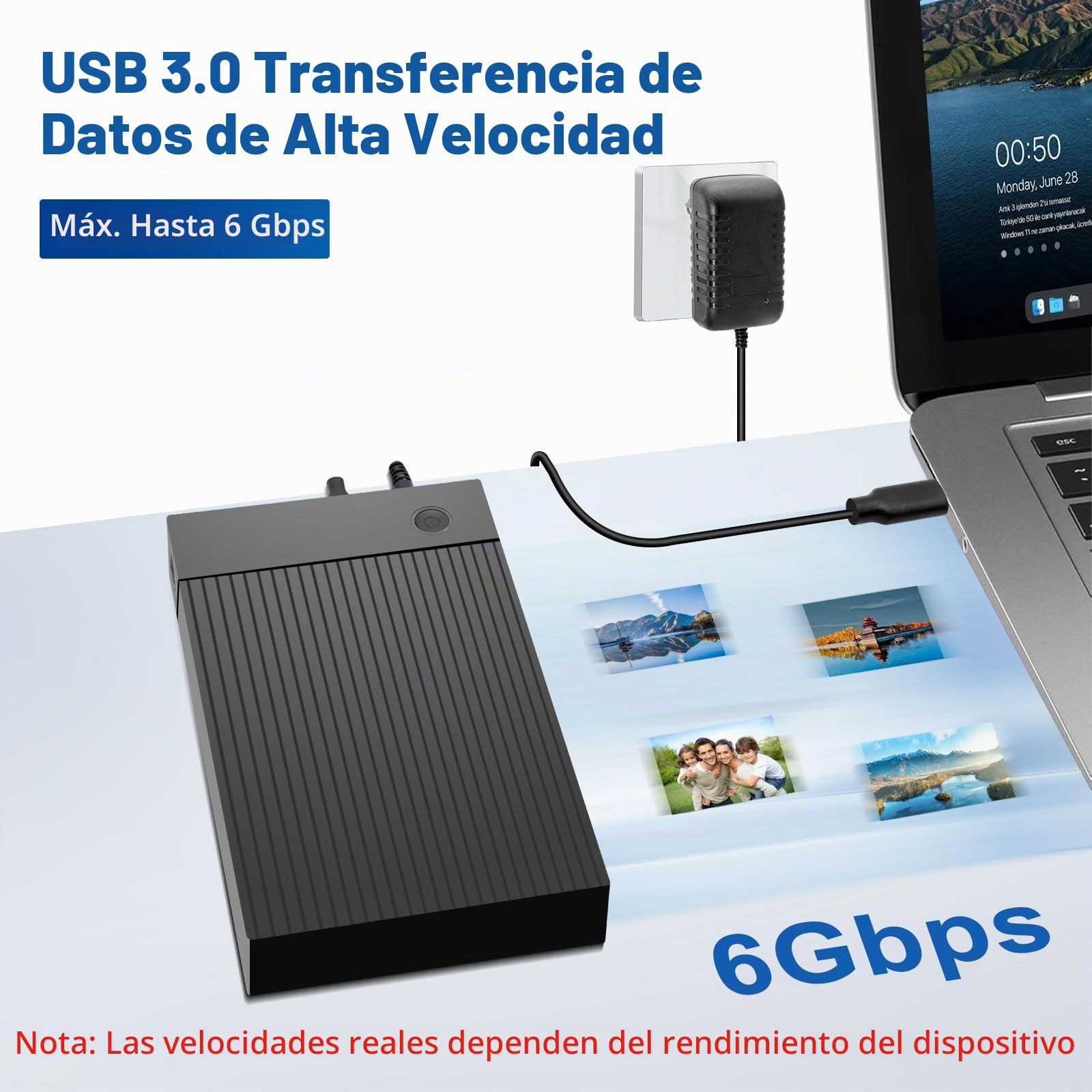 USB 3.0 Carcasa Disco Duro 3.5 para SATA SDD/HDD de 2,5/3,5", 6 Gbps Estación de Acoplamiento para Disco Duro Compatible con Tarjetas SD y TF con Adaptador de Corriente de 12 V/2 A, UASP