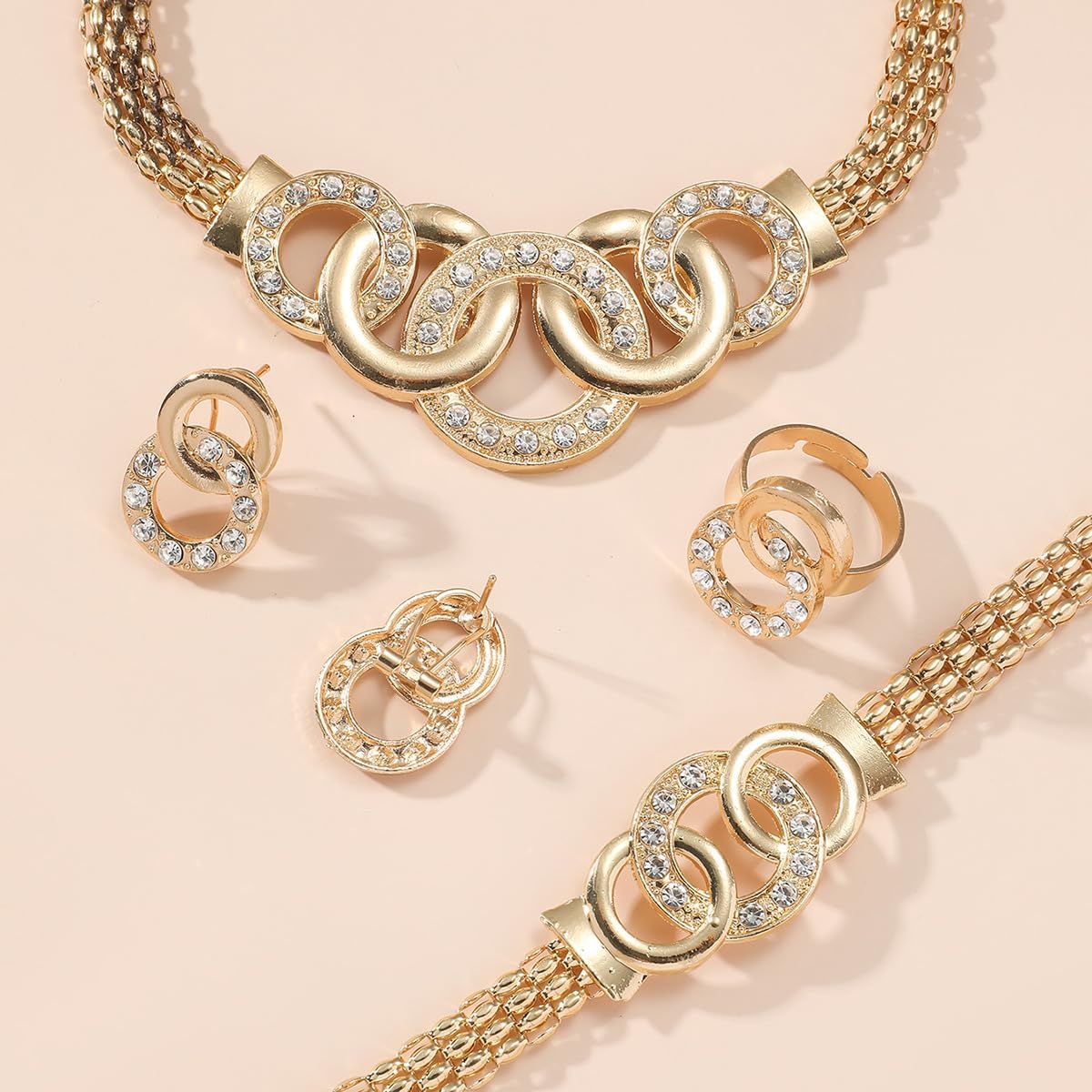 Gold Rhinestone Jewelry Set for Women Chunky Rhinestone Necklace Bracelet Earrings Ring Wedding Prom Bridal Jewelry Set - Image 4