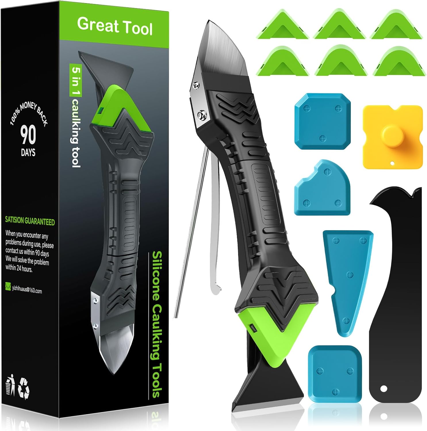 Caulking Tool 5 in 1 Silicone Caulking Grout Removal Sealant Finishing Tool with Grout Scraper, 6 Exchange Silicone Pads, Adhesive Residue Scraper Seam Repair Kit for Kitchen Bathroom Green