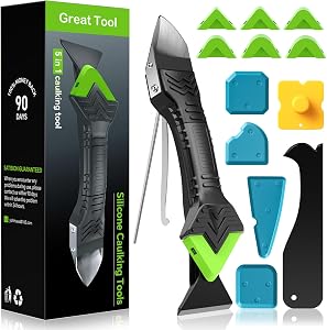 Caulking Tool 5 in 1 Silicone Caulking Grout Removal Sealant Finishing Tool with Grout Scraper, 6 Exchange Silicone Pads, Adhesive Residue Scraper Seam Repair Kit for Kitchen Bathroom