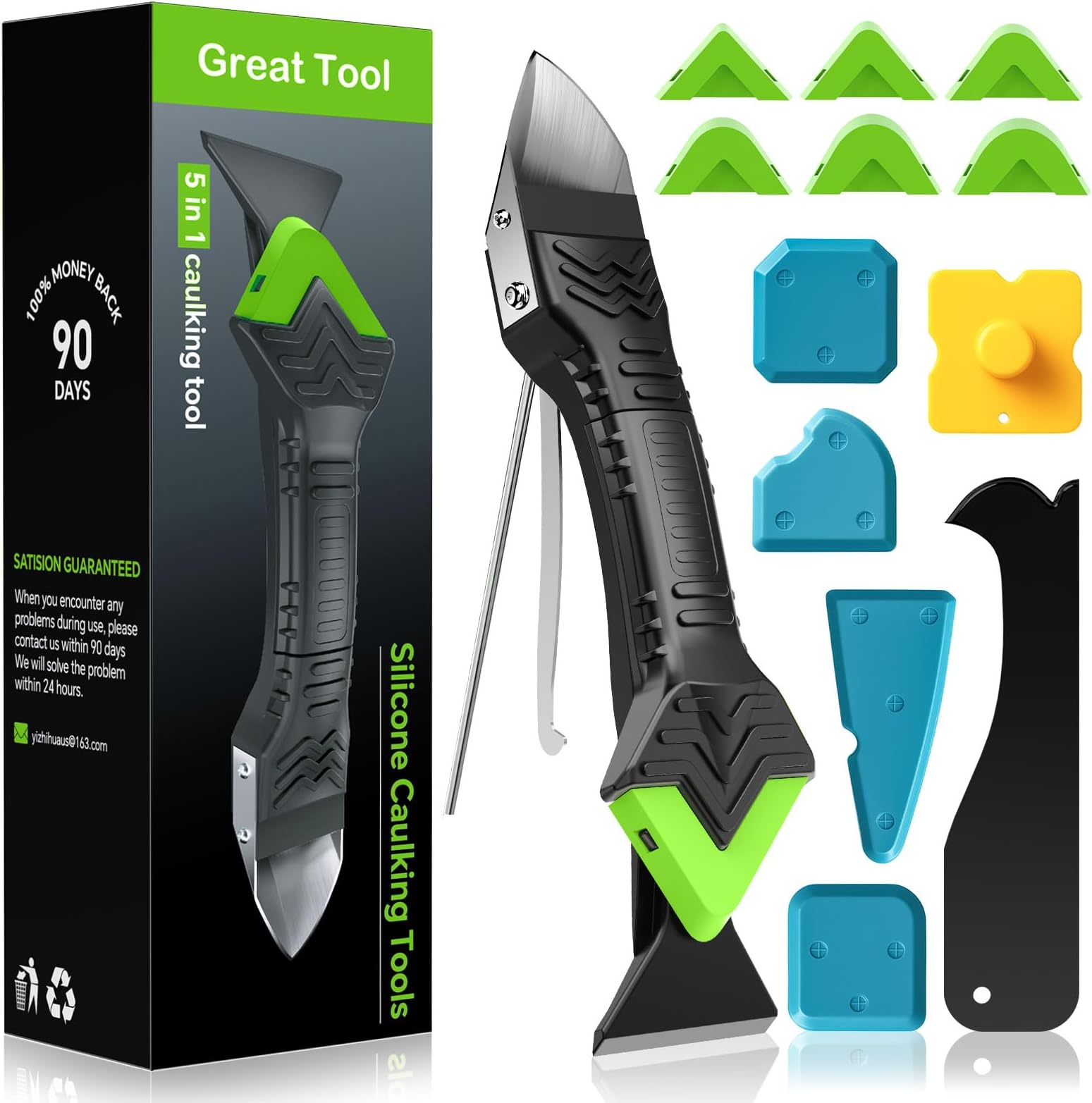 Caulking Tool 5 in 1 Silicone Caulking Grout Removal Sealant Finishing Tool with Grout Scraper, 6 Exchange Silicone Pads, Adhesive Residue Scraper Seam Repair Kit for Kitchen Bathroom