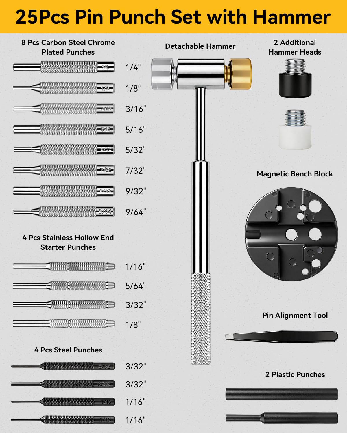 Juego de 25 punzones de pin, punzones de alfiler, herramienta con martillo, material metálico que incluye perforadores y martillo, herramienta de reparación mecánica con caja de