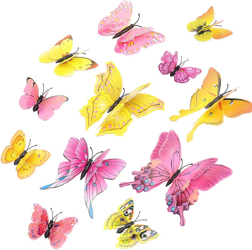 Butterfly Wall Stickers 24 Pieces Removable 3D Fashion Art Wall Mural Stickers, PVC Simulation Butterflies Art Decals Crafts for Home Wall and Room Decor, Bedroom Accessories Multi-color (Pink+Yellow)