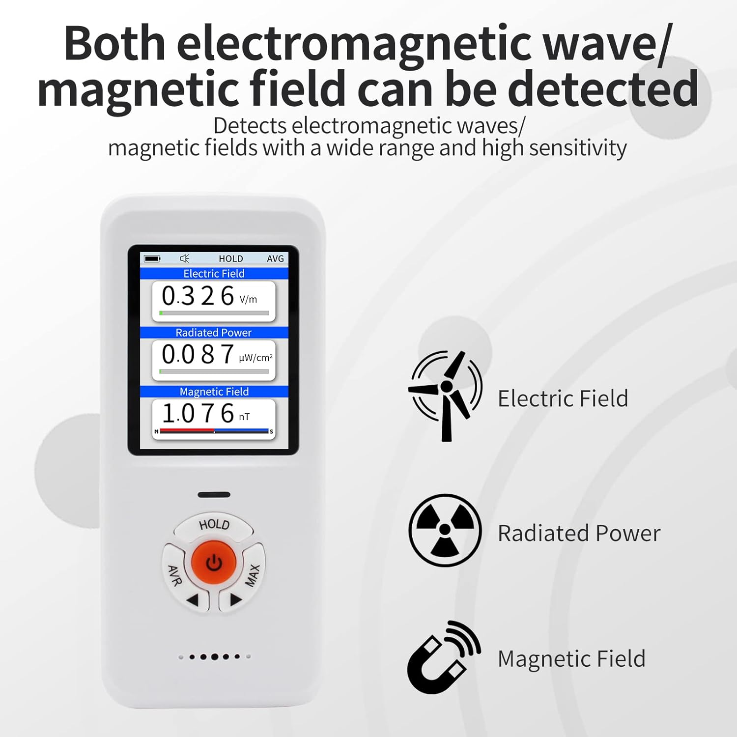 EMF Meter displaying Electric Field, Radiated Power, and Magnetic Field readings