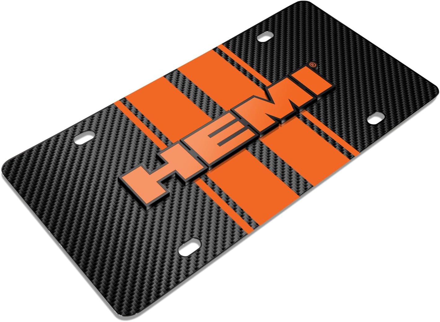 iPick Image for Dodge HEMI 3D Logo in Orange on Orange Stripe Black Carbon Fiber Look Stainless Steel License Plate - Official Licensed