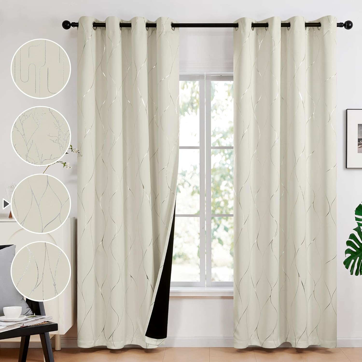 Deconovo Grommet Total Blackout Curtains with Silver Print, Thermal Insulated Drapes, Energy Saving for Bedroom, Living Room, Home Decor, 2 Panels, Light Beige, 52W x 84L Inch, Wave Line Light Beige Wave Line 52"W x 84"L (Pack of 2)