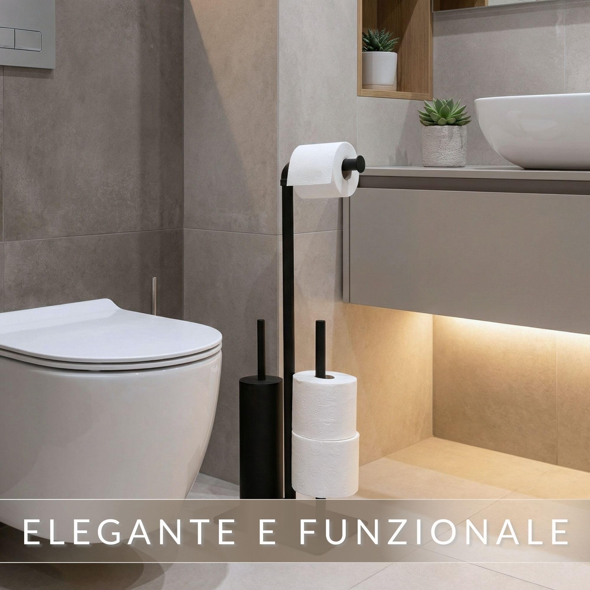 Piantana WC Palermo – Portarotolo Carta Igienica da Terra con Scopino Chiuso – Porta Scopino e Porta Carta in Metallo, Nero Moderno – Accessorio Bagno