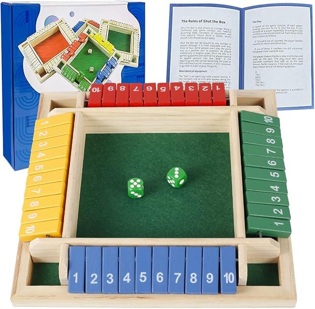 Jetclutch 4-Player Shut the Box Wooden Board Games with 8 Colored Dices for Kids Adults 4-Sided Shut the Box Game Set Educational Learning Dice Games for Family Party Pub Bar (A)