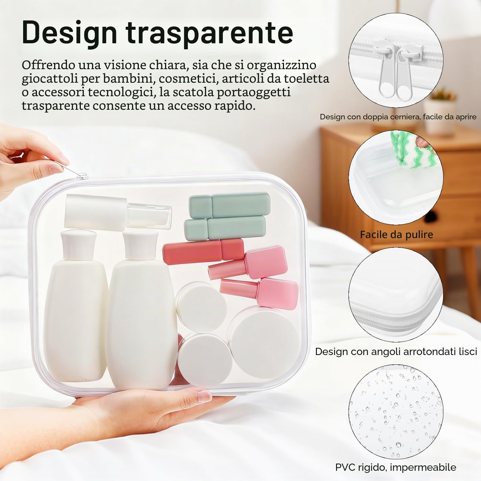 Borse Portaoggetti, 8 Pezzi Borsa Rigida con Doppie Cerniera Scatola Trasparente con Cerniera in 4 Misure Trousse Trucchi Donna in Plastica per Giocattoli Cosmetici Articoli da Toeletta