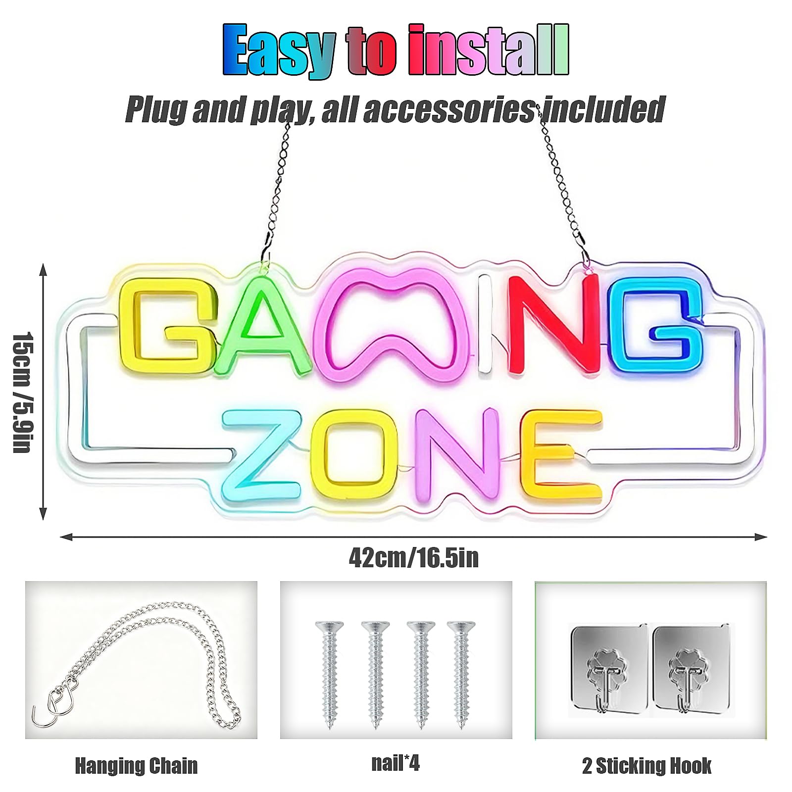 Panneau néon Gaming Zone, Panneau néon Gaming Zone, Panneau néon LED pour Gaming à fixer au mur, Panneau néon Gamer pour salle de jeux, Panneau néon, Panneau néon cadeau pour joueurs adolescents
