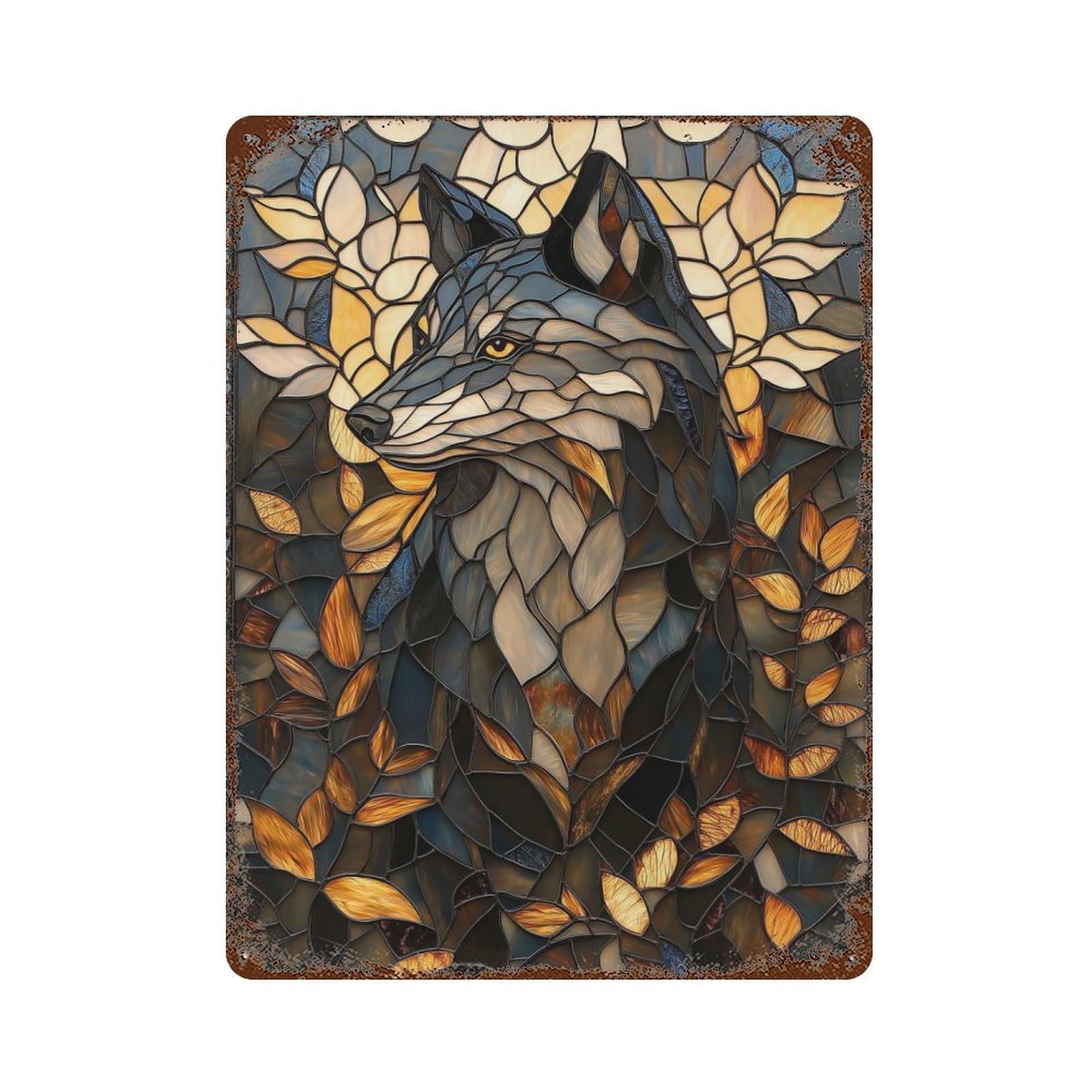 Stained Glass Wolf Weathered Tin Sign 15.7"x11.8", Rustic Home Decor for Office, Studio And Wall Decor