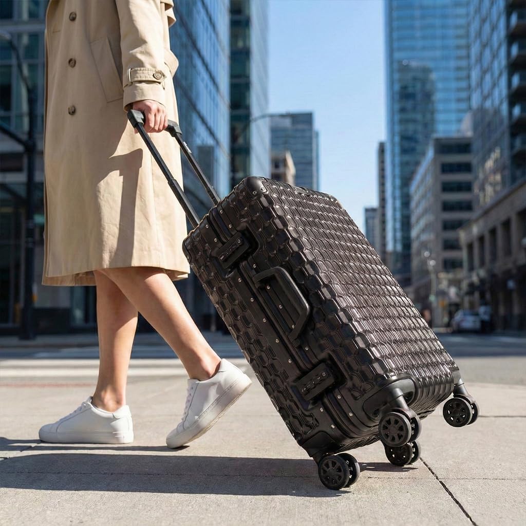 POSH Walizka twarda – walizka z poliwęglanu z aluminiową ramą i zamkami TSA, M, L, XL, walizka podróżna 60, 70, 80 cm, cicha praca, podwójne kółka 360 stopni, czarny, M, Twarda walizka z poliwęglanu