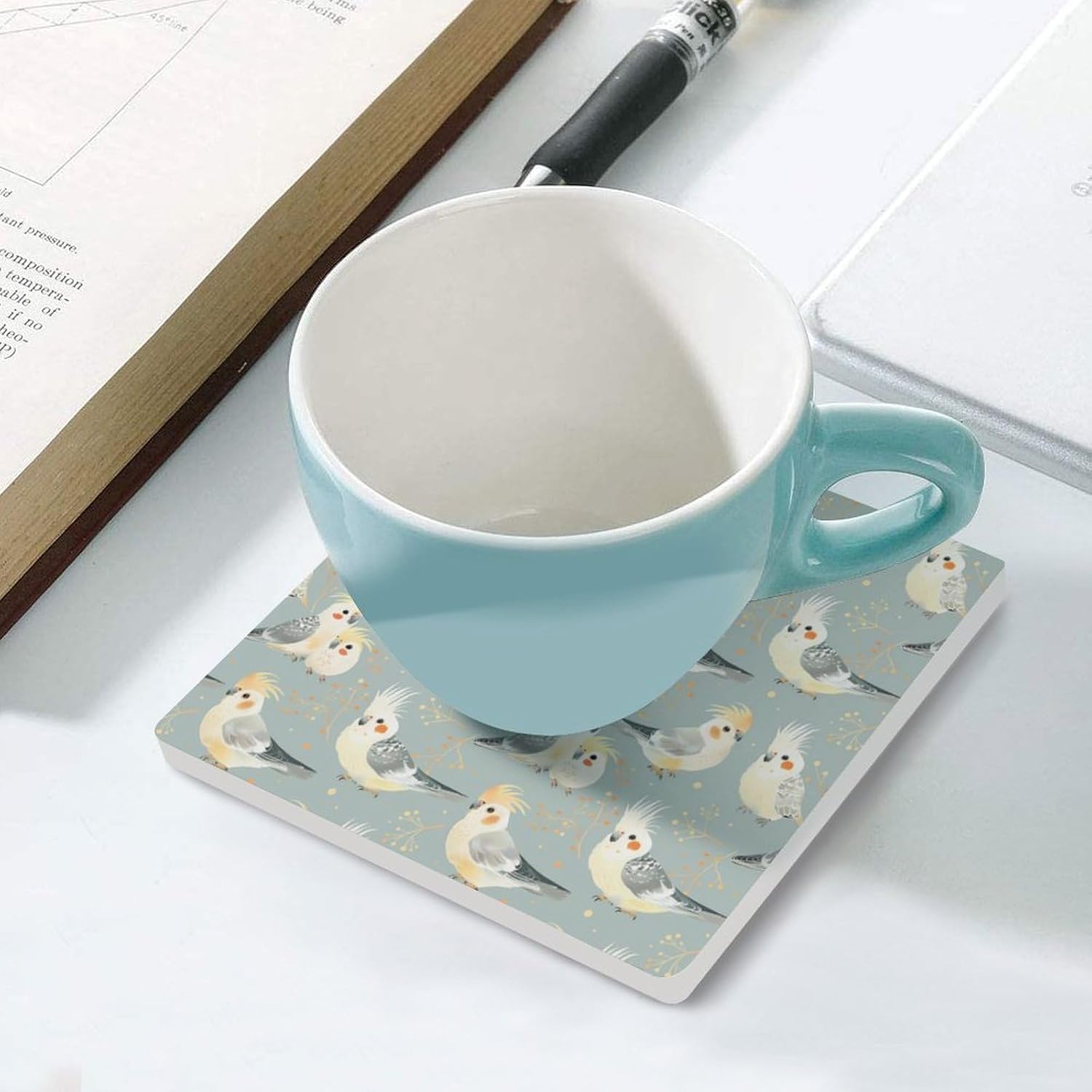 Cute Cockatiel Birds Coaster for Drinks Square Ceramic Table Coasters Stone Mat Crafts 6PCS Home Kitchen Decor