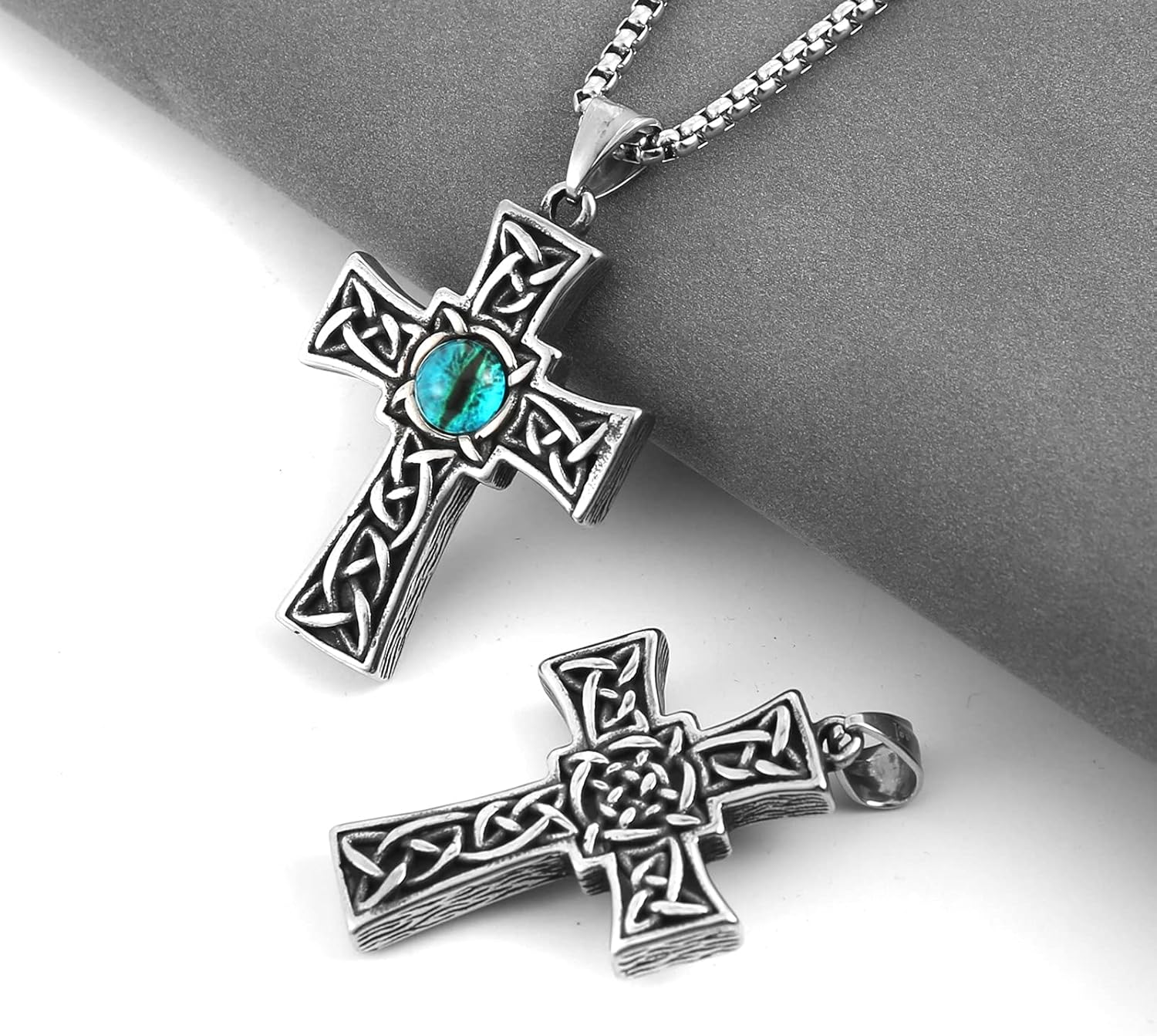 STWTR Unisex Stainless Steel Celtic Blue Eye Cross Viking Irish Knot Pendant Necklace - Image 4
