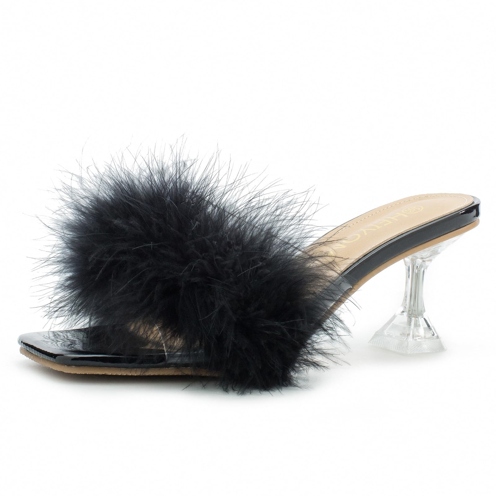 Heiyomwomens Square Toe Low Stilettos Heels Mules Sandals Fluffy