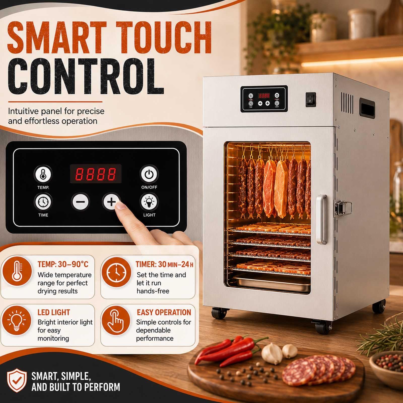 Dry Ager Für Fleisch Mit 360°-Luftstrom Und 30–90 °C Regelung Withgrid | 800 W Edelstahl-Reifeschrank Mit 30–90 °C, 24-H-Timer, 360°-Heissluft, 14 Haken Und 5–7,5 Kg Kapazität.