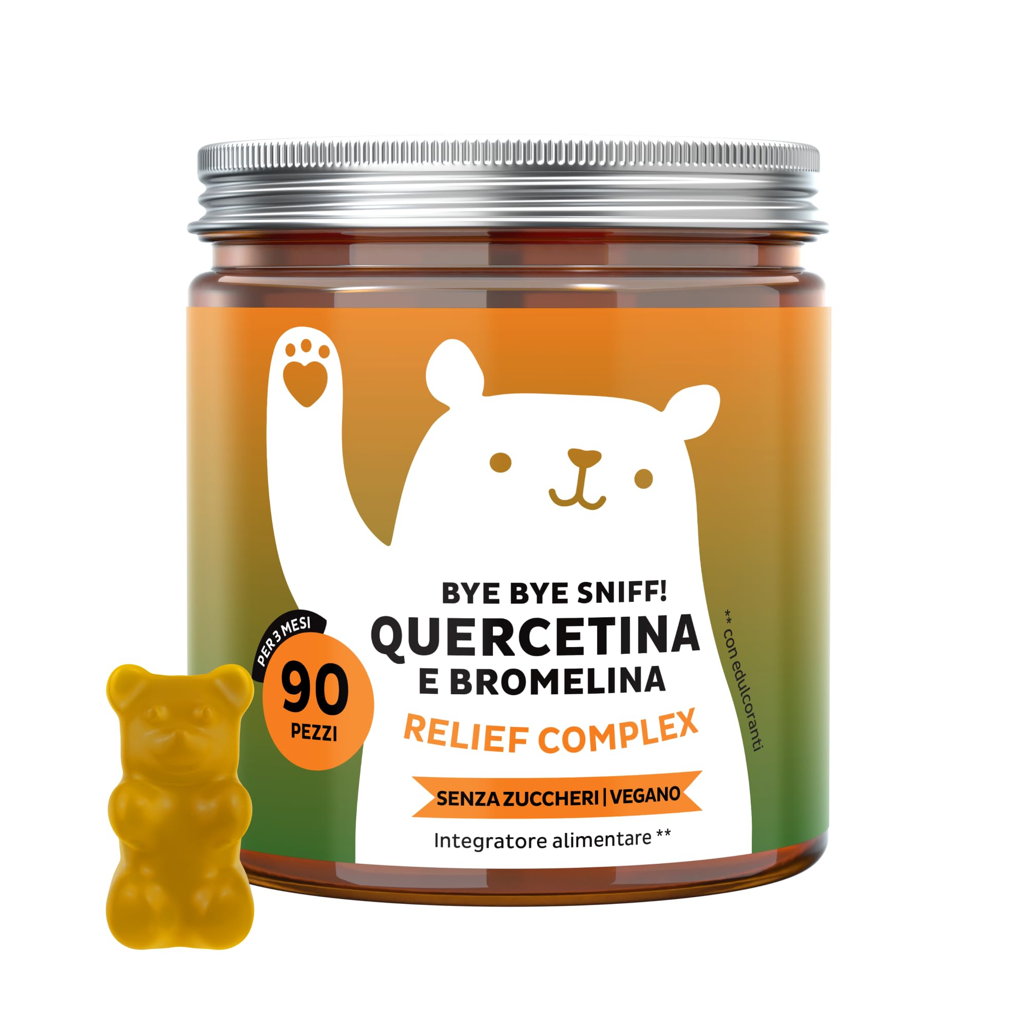 Quercetina e Bromelina - Cambio stagione e Prurito - Bye Bye Sniff Relief Complex - Vitamina C e Zinco - Sistema Immunitario e Stanchezza - 90 pezzi - Vegano, Sugar free - Bears with Benefits
