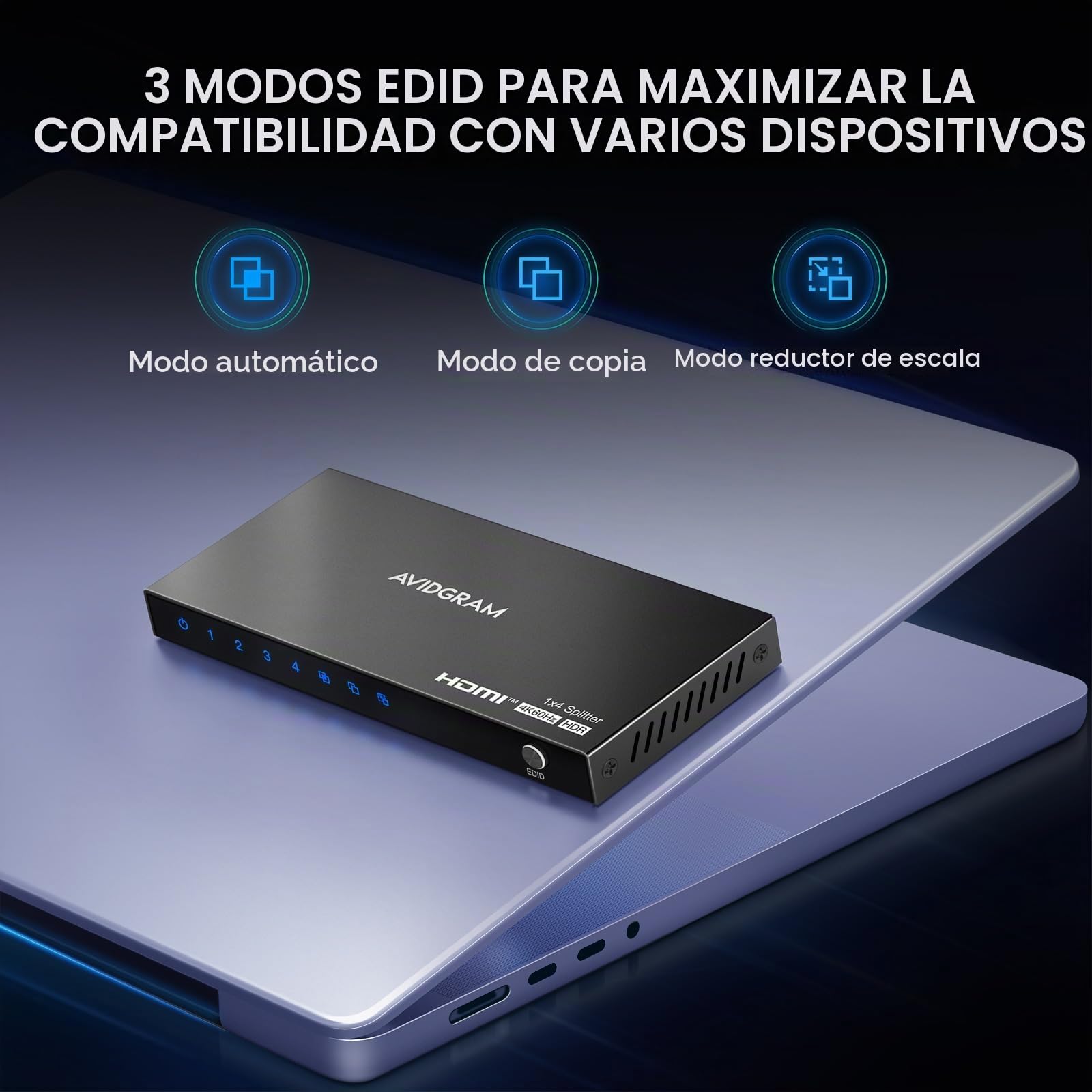 HDMI Splitter 1 in 4 Out 4K 60Hz 4:4:4, AVIDGRAM HDMI Divisor 4 salidas con Copy, Downscaler y Auto Mode para Dual Identical Display Soporte 1080p 120Hz HDMI2.0 HDCP 2.2 HDR10 18Gbps 3D para Xbox, PS5