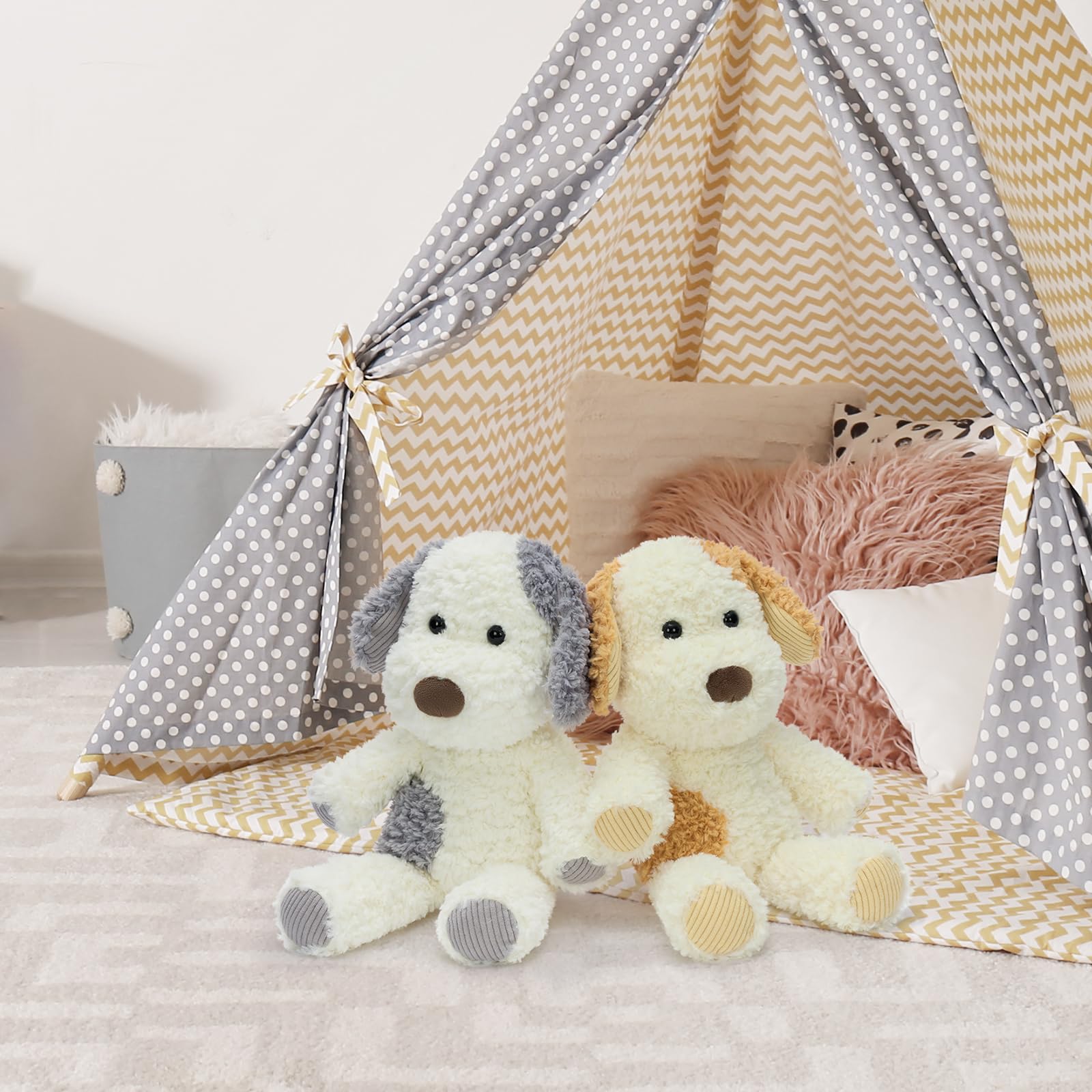 MorisMos Set di 2 orsacchiotti per cani, 30 cm, realistico, in peluche, per bambini, ragazzi e ragazze, decorazione per compleanno (marrone chiaro, macchie grigie)