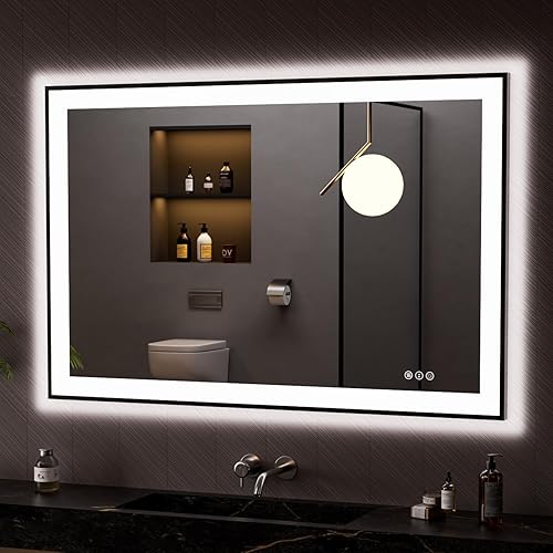 LOAAO Espejo de baño LED de 48 x 32 pulgadas, marco negro, antiniebla, regulable, espejo de tocador de baño iluminado para pared, función de