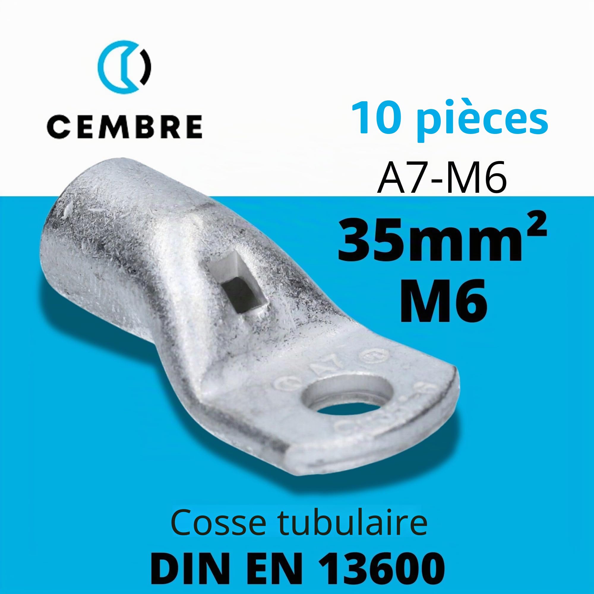 Cembre A7-M6 Lot de 10 Cosses Tubulaires 35 mm² M6 en Cuivre Étamé | Connecteurs de câbles non isolés avec trou de vision pour sertissage, cuivre électrolytique recuit haute conductivité