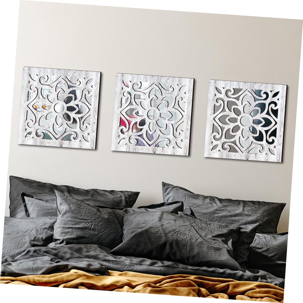 NUOBESTY 2 pezzi Specchio da Parete Quadrato in Acrilico Stile Country Rustico Decorazione Adesiva con Cornice in Legno Specchio Decorativo per Soggiorno Camera e Ingresso da Effetto