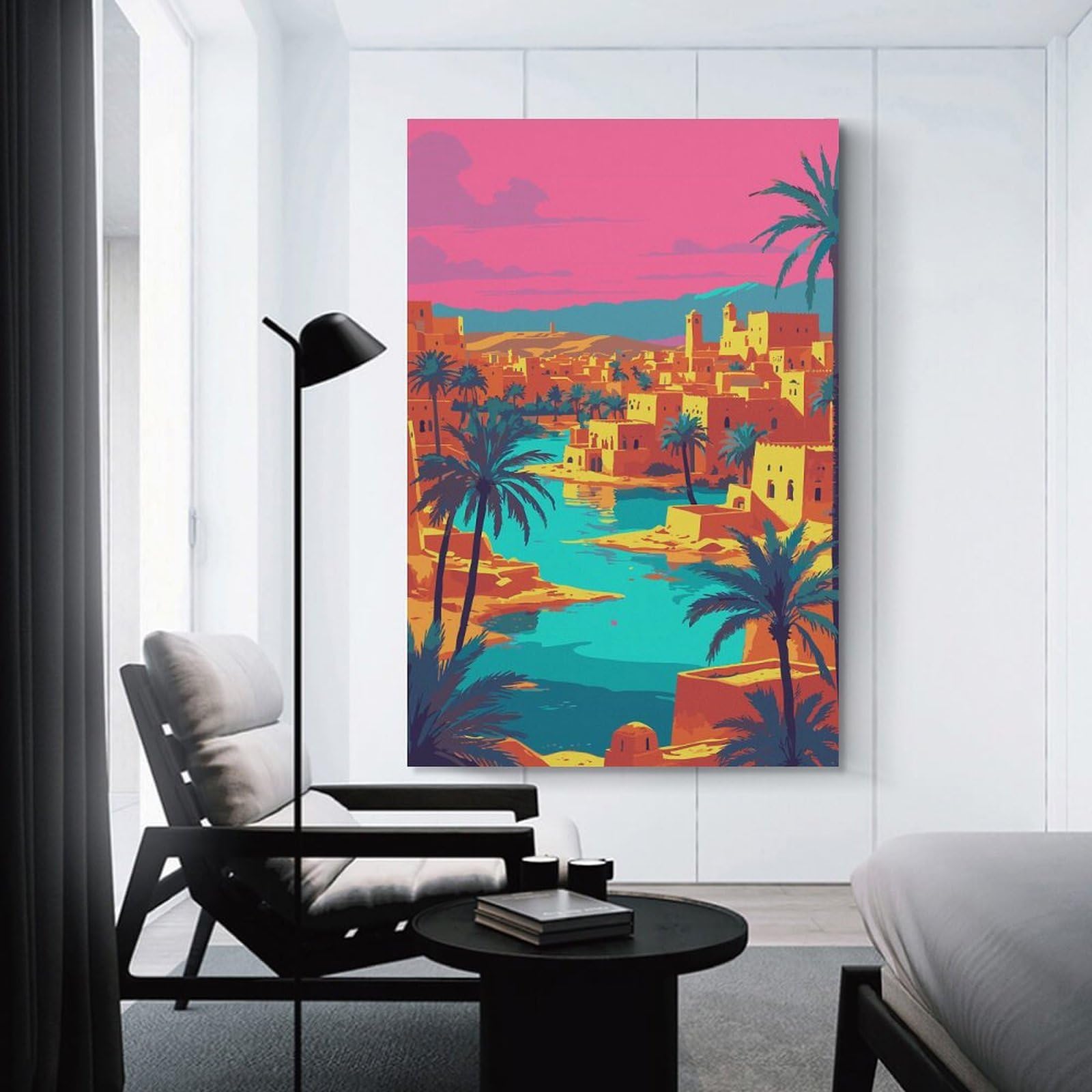 Junmoney Vibrant Desert Oasis Cityscape Illustration Hanging Wall Art 20x30inch(50x75cm), for New Homes, Bedrooms Or Workspaces, Thoughtful Wall Decor for Art Lovers