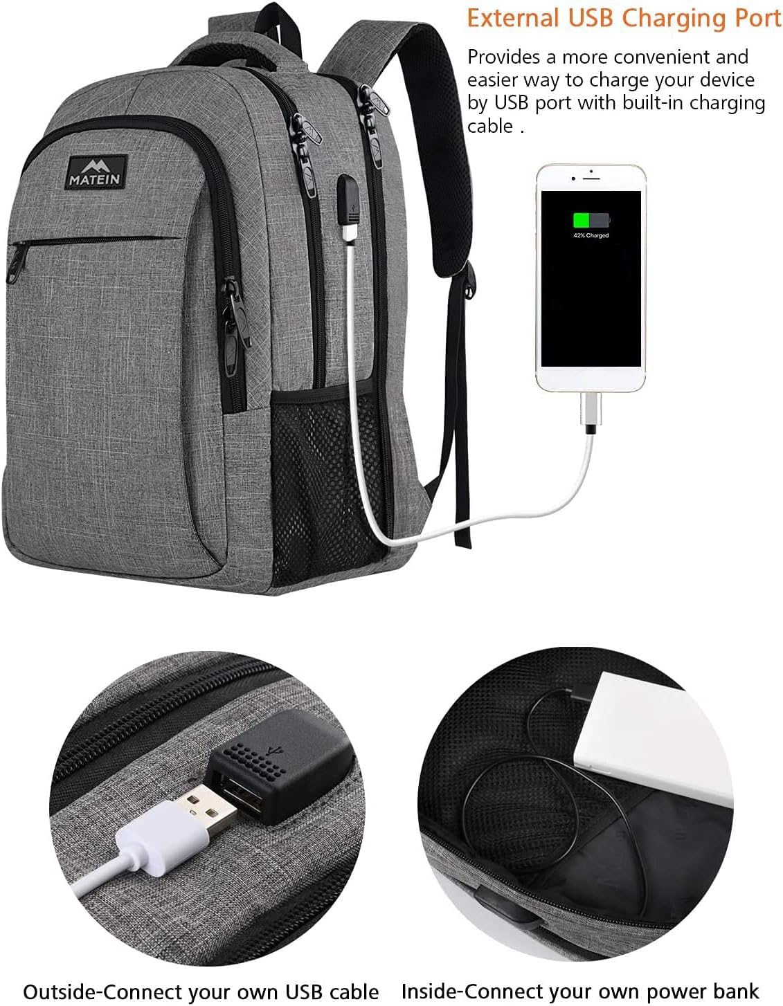 MATEIN Zaino Uomo 17.3 Pollici Grande Zaino Porta PC Lavoro Antifurto Zaino Laptop Computer Notebook Unisex Zaini per PC Portatili con Caricatore USB per Viaggio Ufficio università, Grigio