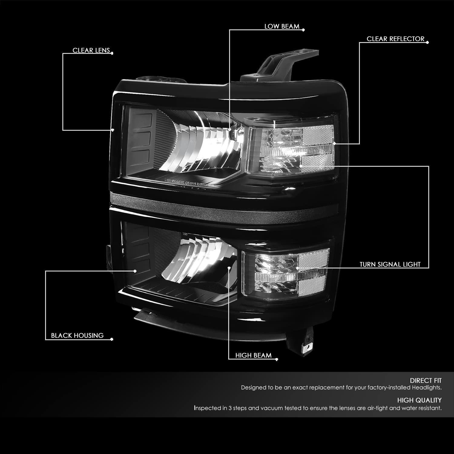 DNA MOTORING HL-OH-CSIL14-BK-CL1 Black Housing Headlights Compatible with 2014-2015 Silverado 1500