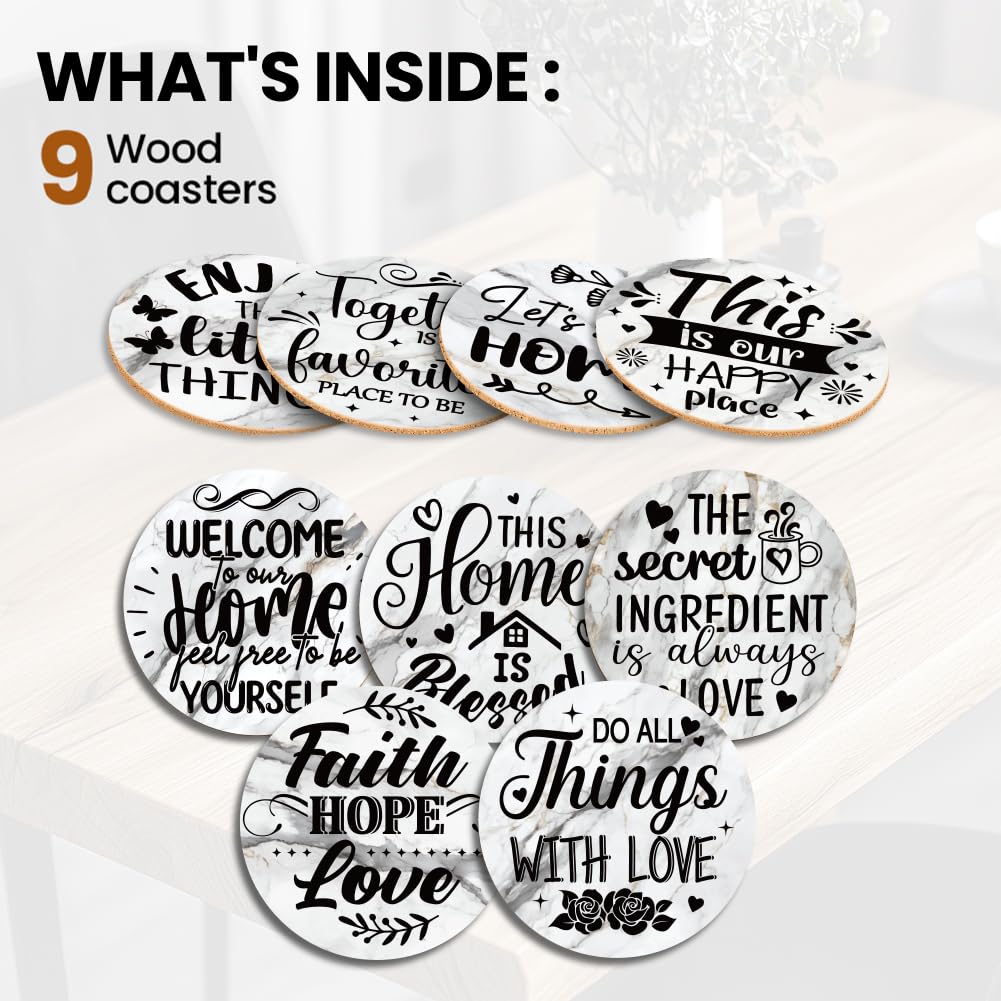 ANATTASOUL 9Pcs Bendiciones para el hogar Posavasos de Madera Reutilizables Redondos para Café Bar Cocina