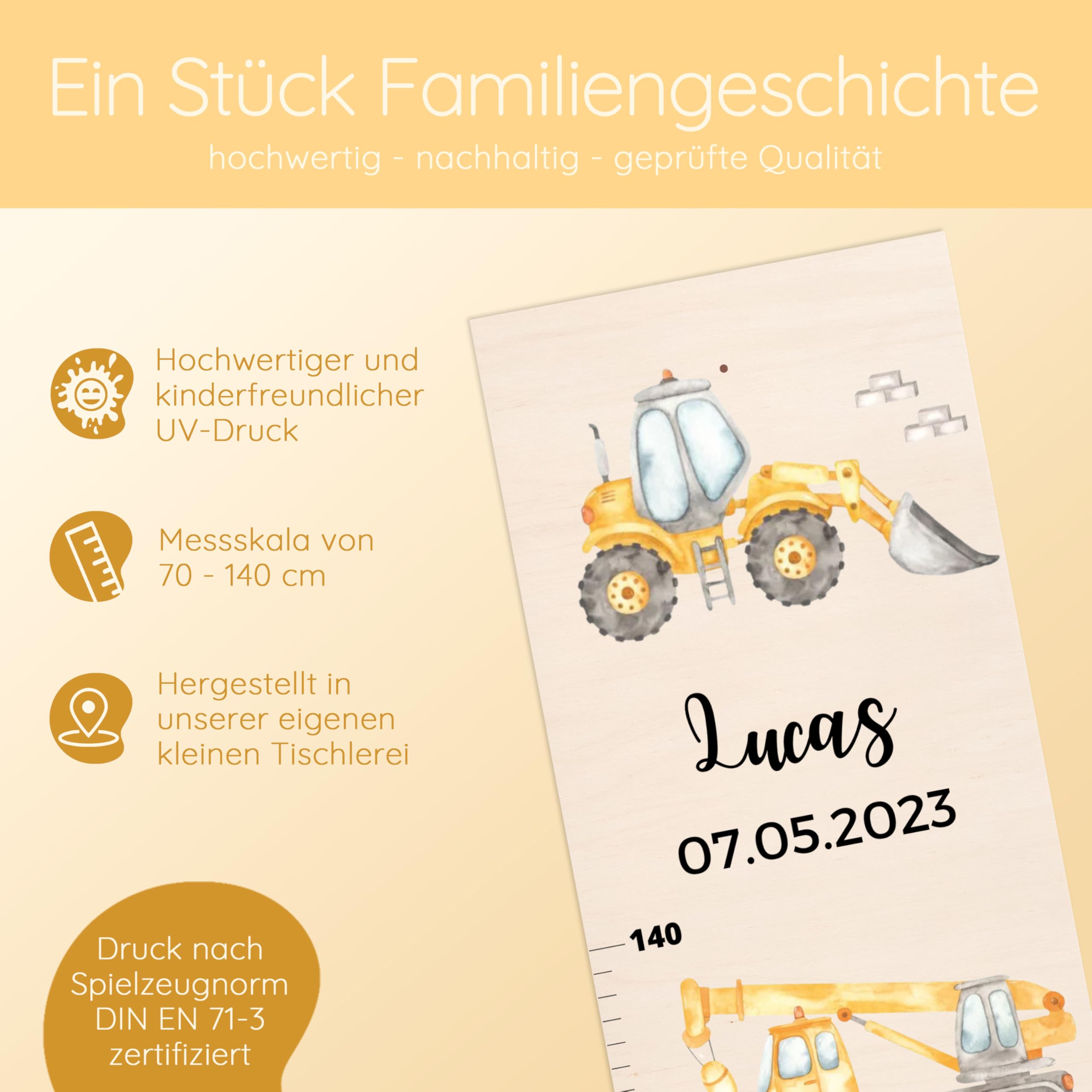 Bärenfreunde® - Personalisierte Messlatte Kind Holz zum Kleben oder Aufhängen - Skala 70-140cm - Süße Dekoration für Baby- & Kleinkinderzimmer (Kinder 70-140cm, Baggerfahrzeuge)