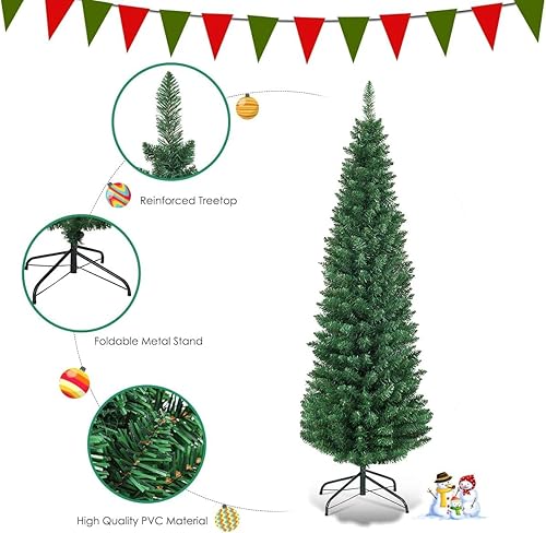 Miniatura 6 de Goplus - Árbol de Navidad de 5 pies, árbol de Navidad artificial delgado con 220 puntas de rama, soporte de metal resistente, árbol de Navidad