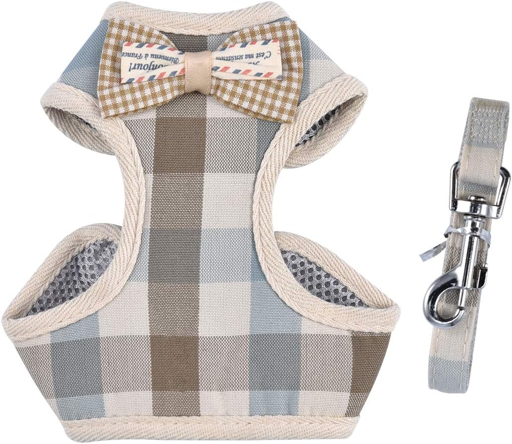 April Pets Comfortable Stylish Cotton Dog & Cat Harness Leash Set for Small Puppies and Cats (L, Grey & Peachy Plaids)