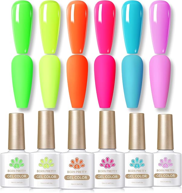 BORN PRETTY Neon Gel Nail Polish Fluorescent Green Yellow Orange Hot Pink Purple Blue Gel Polish Set, 6 Rainbow Colors Gel Soak Off U V Nail Varnish Kit for Holiday DJ Party Girls