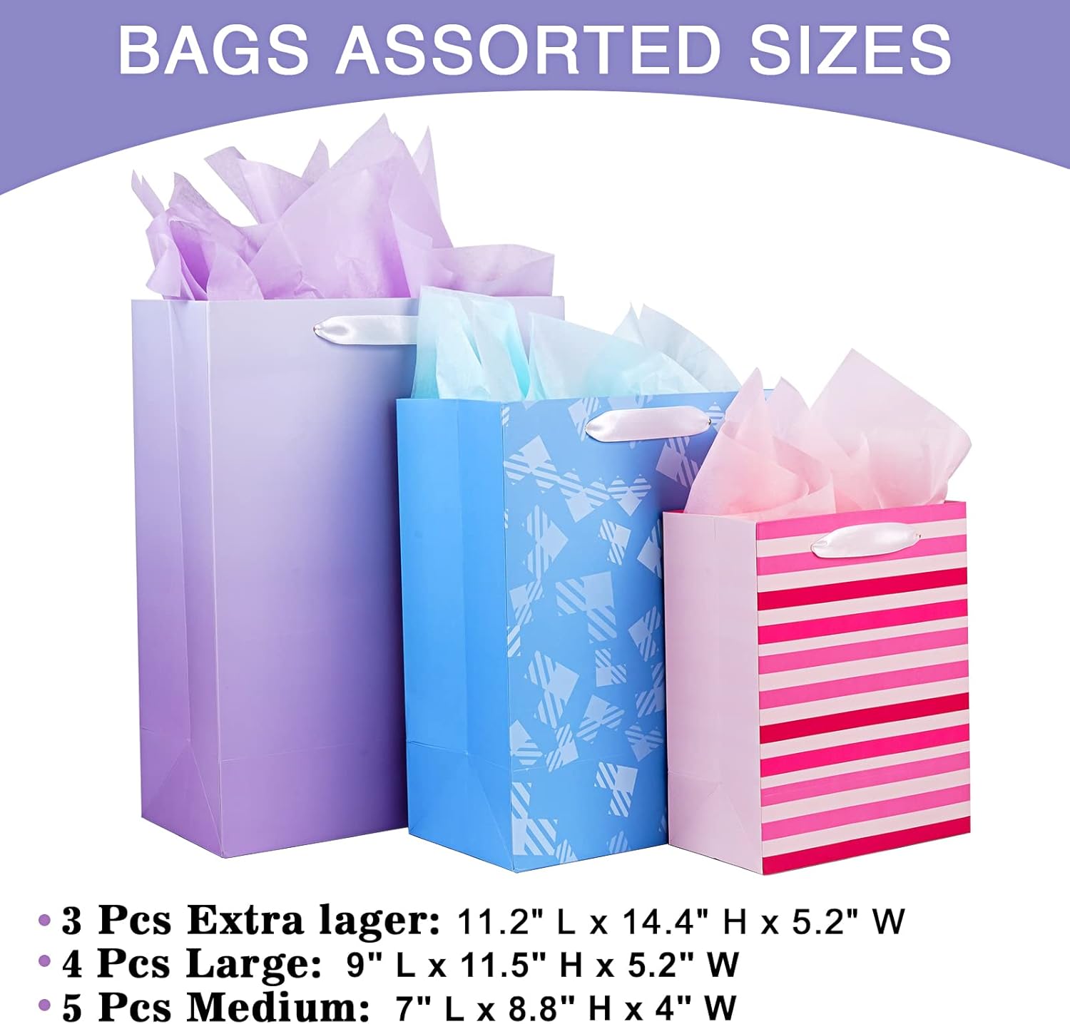 12 Pack Gift Bags Assorted Sizes and Designs, Gift Bags Bulk with Tissue Paper (5 Medium 8", 4 Large 11", 3 Extra Large 14") for Birthday, Baby Showers, Bridal Showers, Easter Day Any Occasion - Image 5