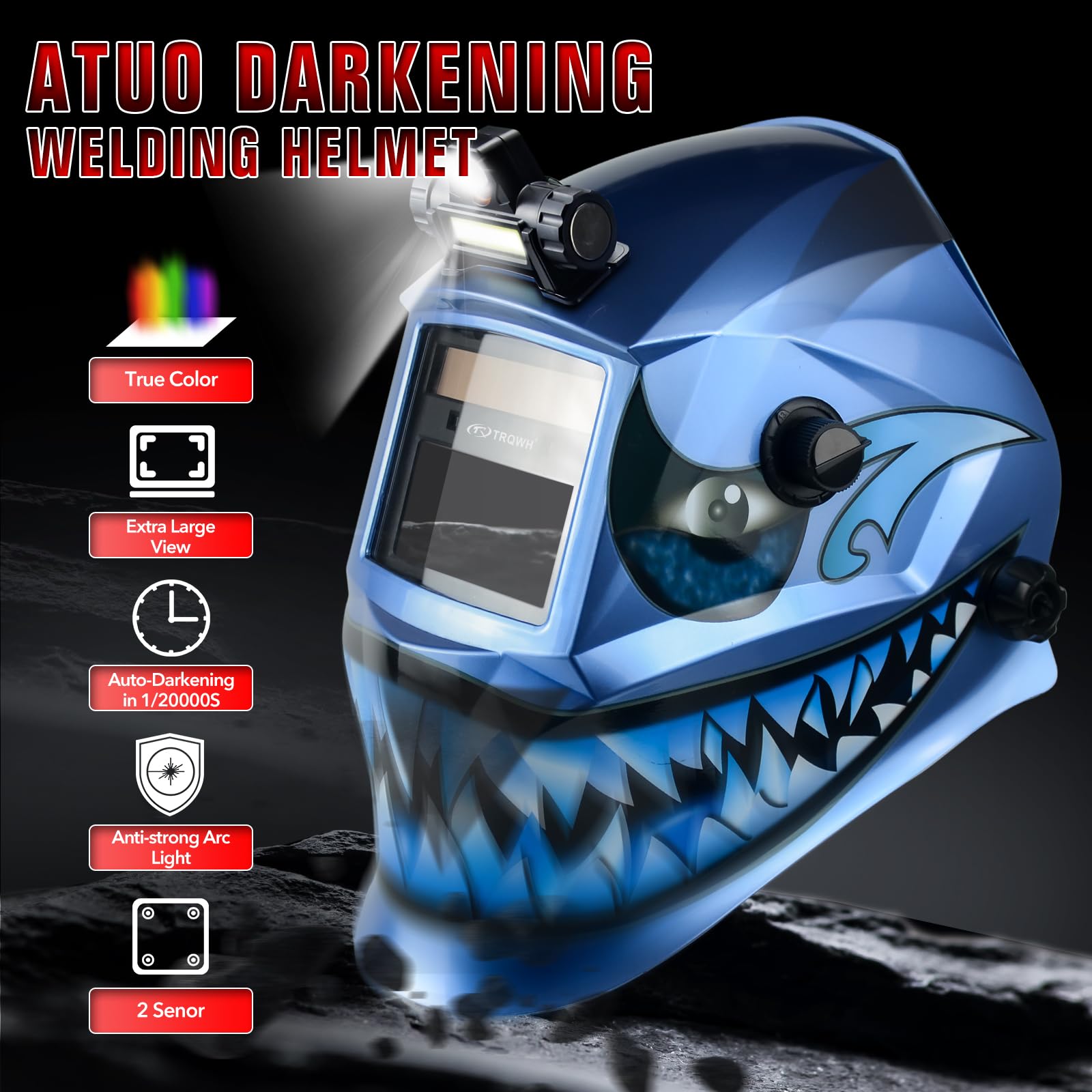 TRQWH Casque de soudage à énergie solaire auto-obscurcissant avec capuche de soudage légère, grand visionnement des couleurs vraies 1/1/1/2 avec clarté optique supérieure, masque de soudage
