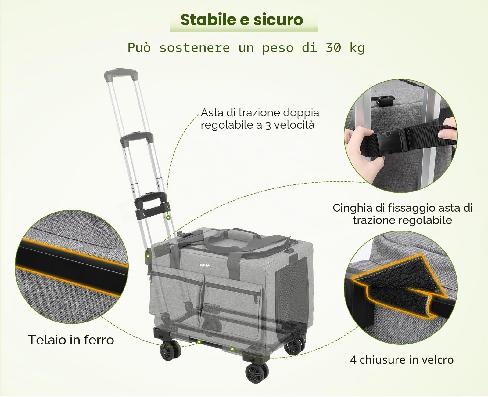 Pecute Trasportino Per Gatti Con Ruote, Trasportino Per Gatti e Cani Con Struttura In Filo D'Acciaio, Trasportino Stabile Per Cani, Borsa Per Animali Domestici E Passeggino, Grigio