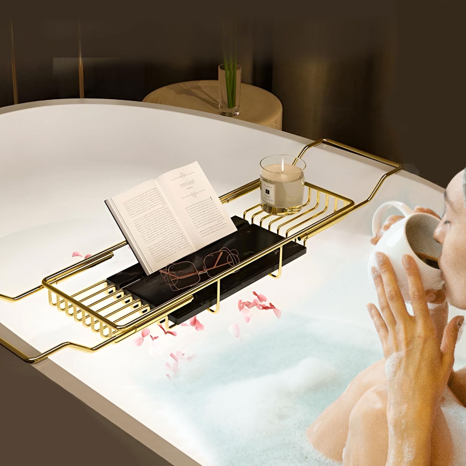 Bandeja de acero inoxidable para bañera, organizador de estante de baño expandible con estante para tablet para el hogar, perfecto para remojos relajantes y lectura manos libres