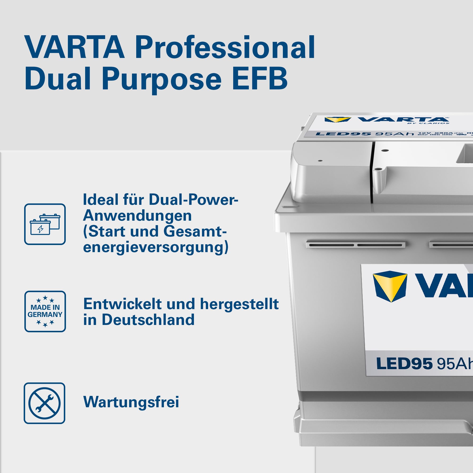 VARTA Professional Dual Purpose EFB (LED95) 12V 95Ah 850A - Nassbatterie für Wohnmobile, wagen & Boote - Resistente Starter- & Versorgerbatterie mittl. Energiebedarf - Bleisäurebatterie wartungsfrei