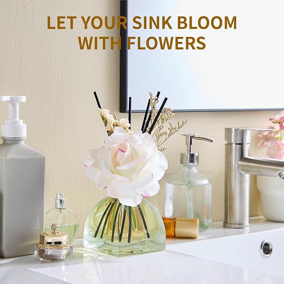 Reed Diffuser Set Jasmine Lily Scent 250ml for 140 Days | Flower Diffusers with 10 Sticks & Rose Flowers Decor, Home Fragrance Air Freshener Long Lasting for Bedroom Bathroom,Office