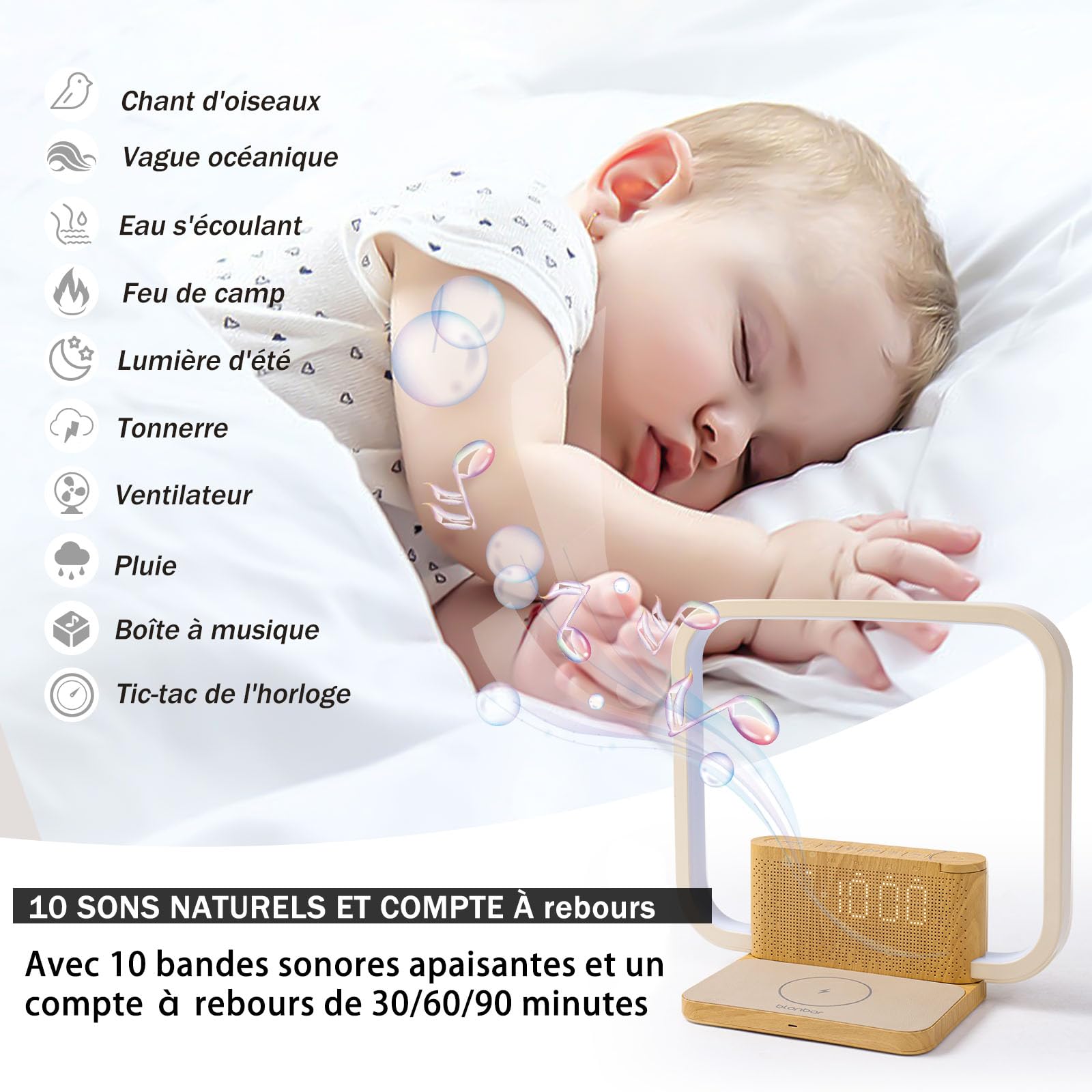 blonbar Simulateur d'Aube Réveil Lumineux, 3 Niveaux de Luminosité Tactile, Lampe de Chevet avec Chargeur Sans Fil Qi, Fonction Veilleuse et Sons d'Apaisement pour Adultes et Bébés