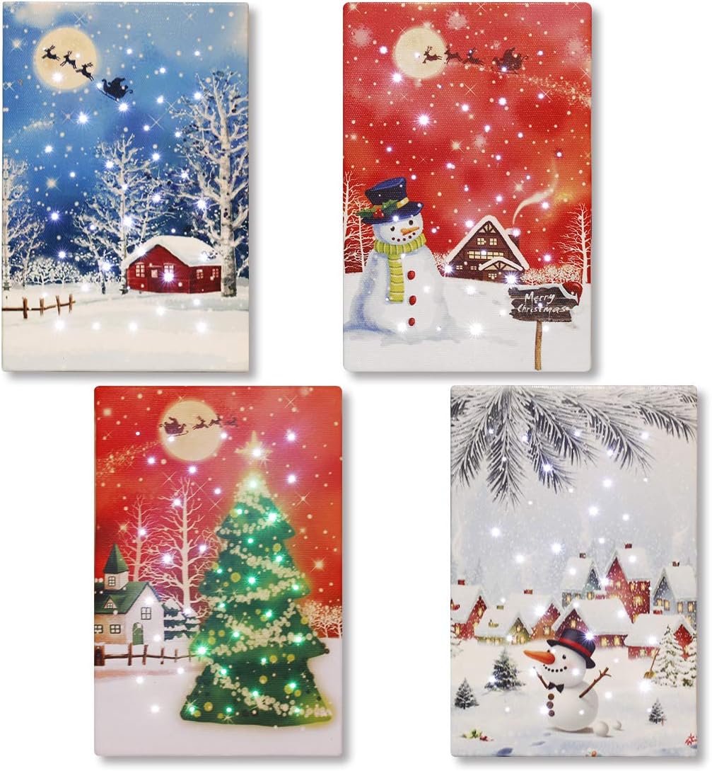 Rortquee Printed Canvas Pack of 4 LED Lighted Canvas Picture Christmas Wall Art Home Decoration